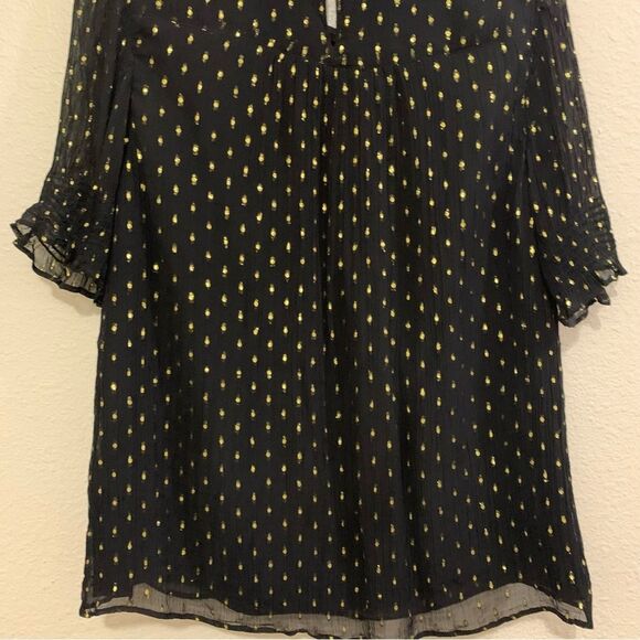 J. Crew Blouse Women’s Medium Black Yellow Sheer Polka Dot Ruffle Neck. - Picture 7 of 14